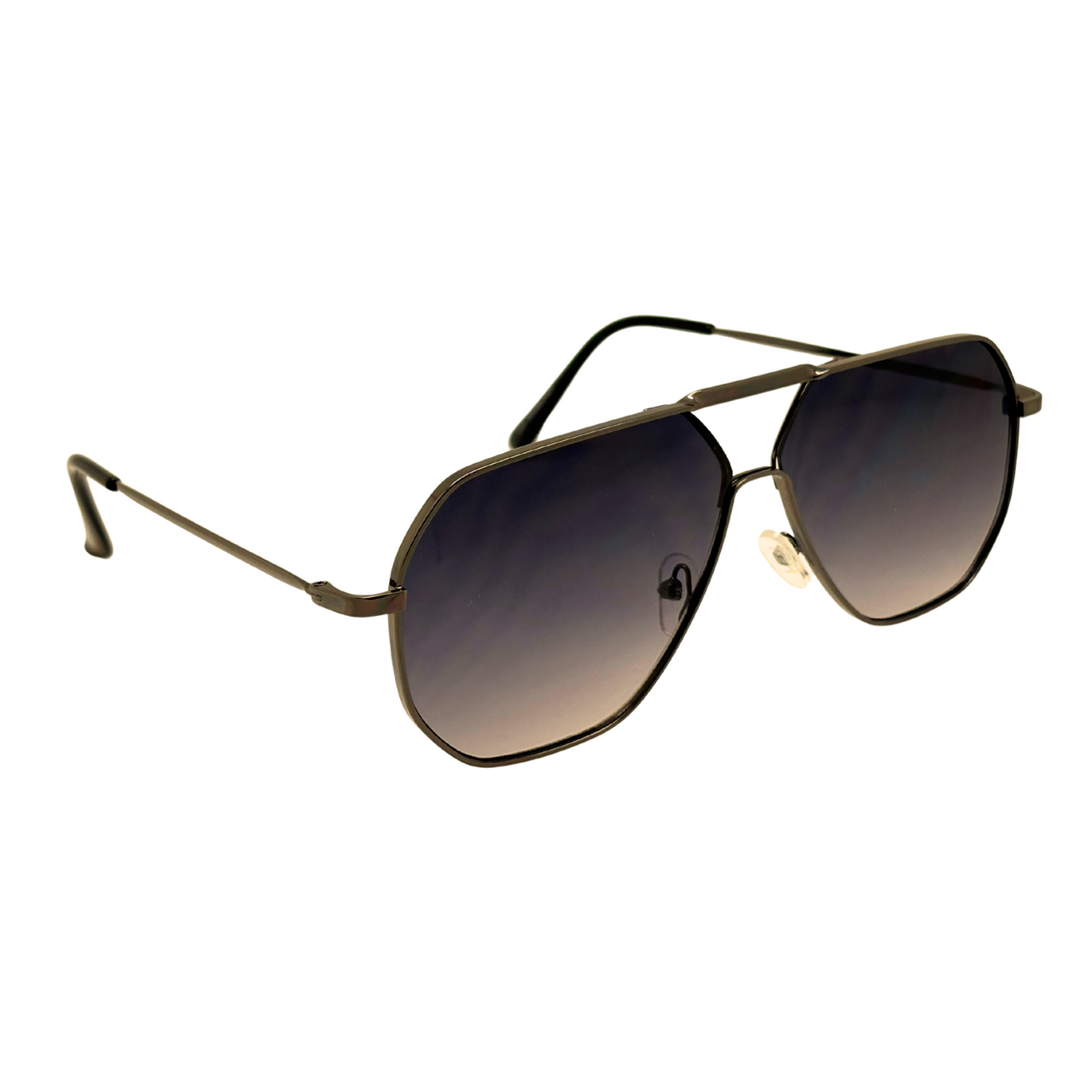 Sunglasses with dark gradient lenses on a white background